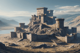 DALL·E 2024-03-26 13.32.03 - Create a realistic visualisation of an ancient hilltop castle in ruins from the Urartu period. The castle should display typical Urartian architecture