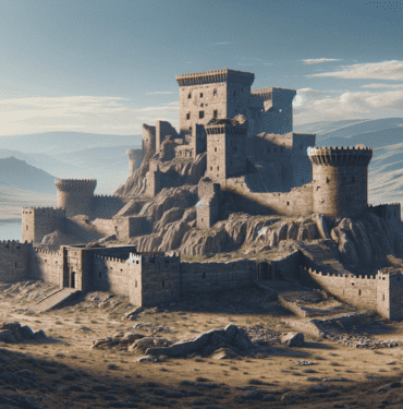 DALL·E 2024-03-26 13.32.03 - Create a realistic visualisation of an ancient hilltop castle in ruins from the Urartu period. The castle should display typical Urartian architecture