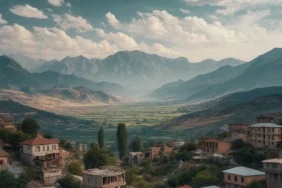 DALL·E 2024-04-08 16.04.37 - A scenic view of Palu, Elazığ with visible earthquake damage. The landscape includes traditional buildings, some of which are damaged, amidst a backdr